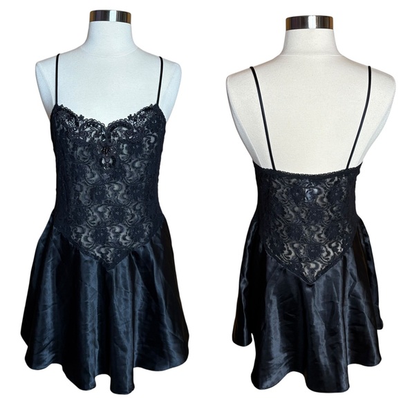 Vintage 90s Cinema Etoile Black Sequin Beaded Sheer Lace Satin Skirt Lingerie M - Picture 1 of 10